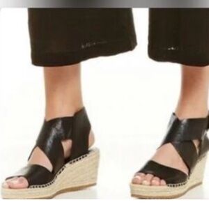 Eileen Fisher Willow Black Leather Espadrille Wedges Women’s Size 8